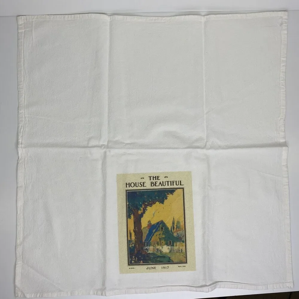 2 House Beautiful Tea‎ Hand Towels Vintage Graphics Ribbon Notecard Farmhouse